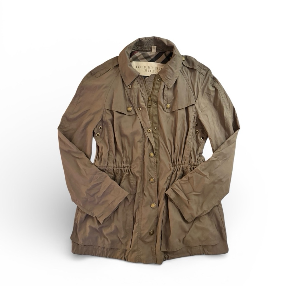 Burberry Brit Olive Green Nylon Safari Style Utility Trench Rain Jacket Size 8‎